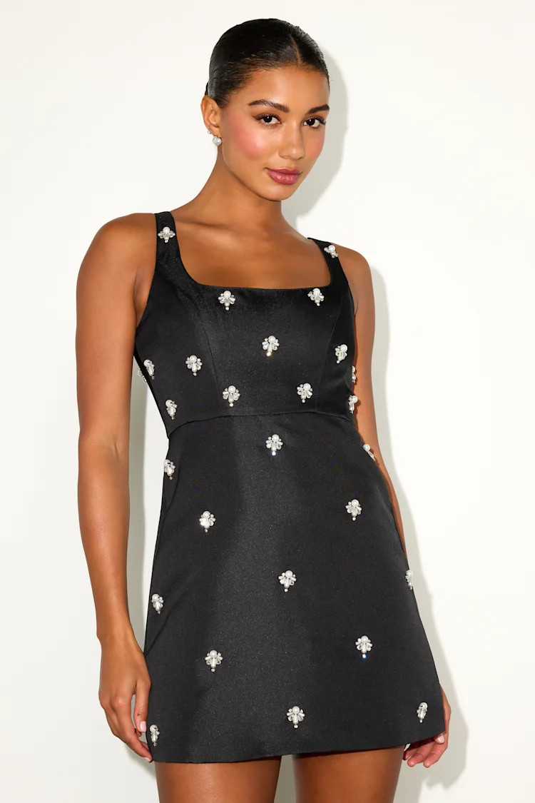 Naveena Black Satin Pearl Rhinestone Mini Dress | Lulus
