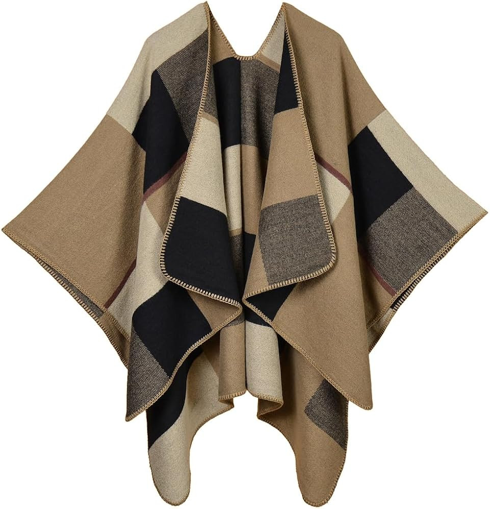 KirGiabo Women's Plaid Sweater Poncho Cape Coat Open Front Blanket Shawls and Wraps | Amazon (US)