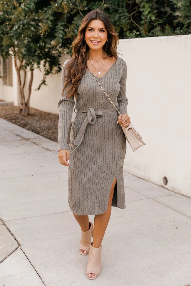 Before We Met Olive Cable Knit Belted Midi Dress | The Pink Lily Boutique