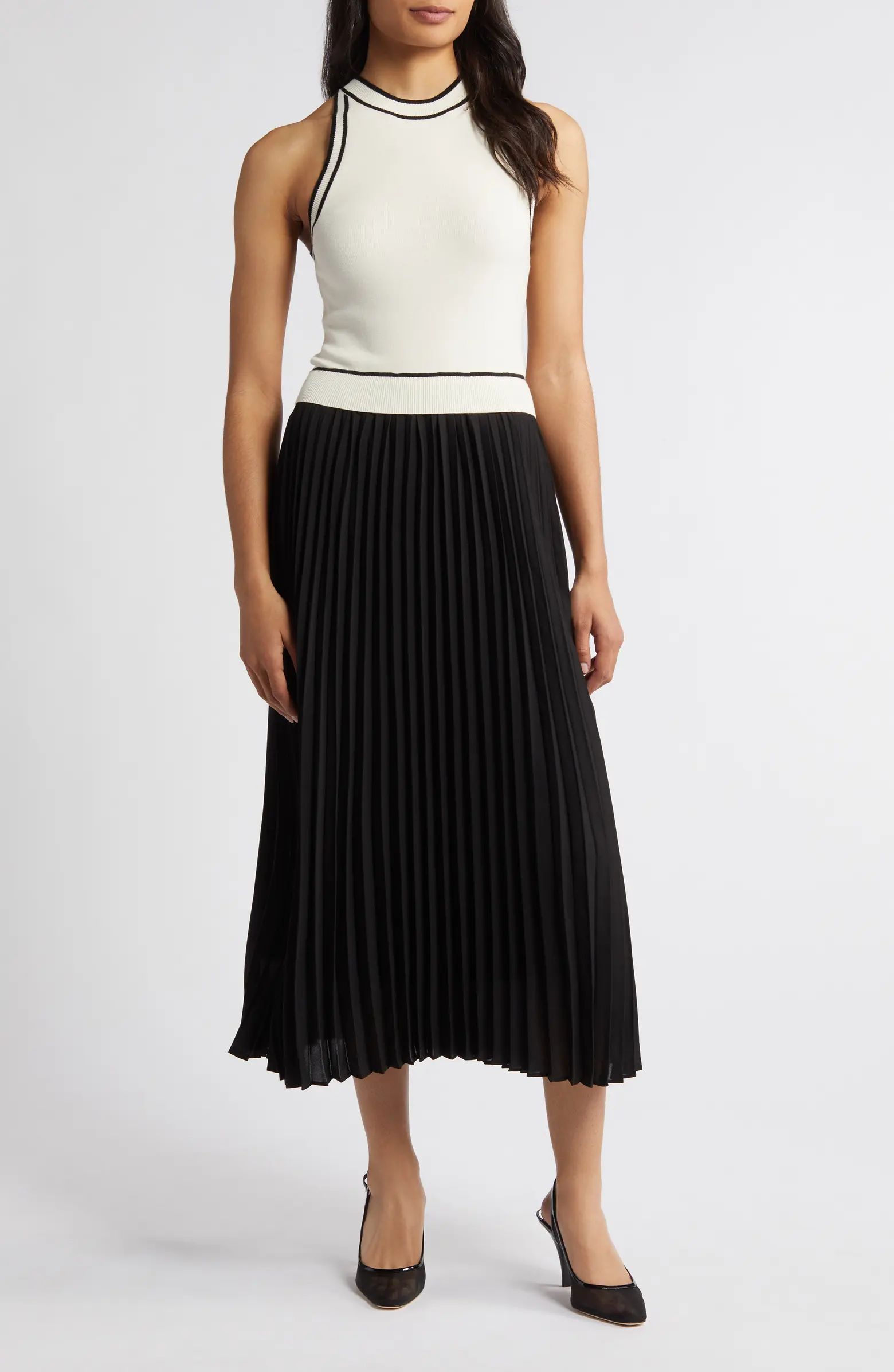 Pleated Skirt Mixed Media Midi Dress | Nordstrom