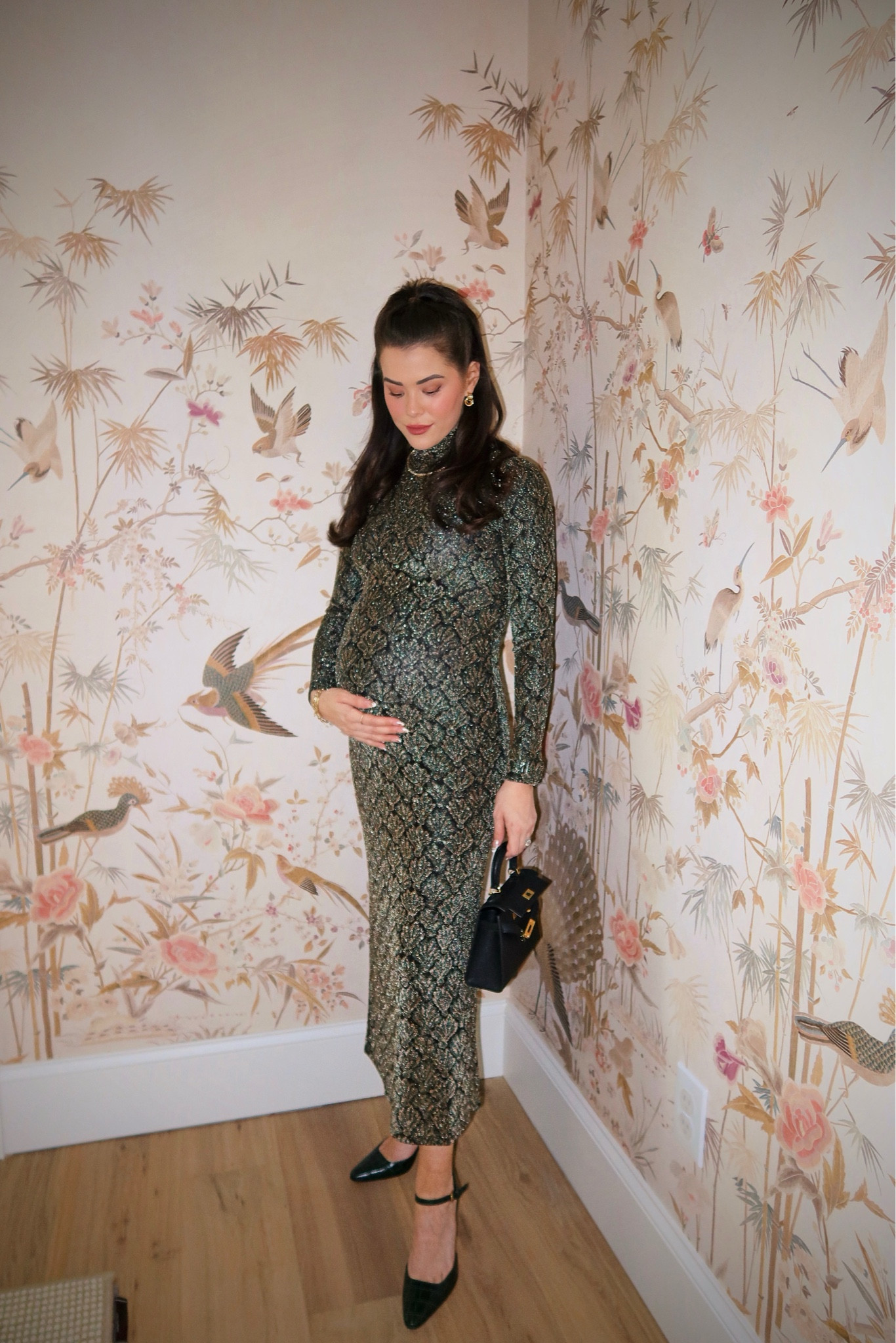 Stretchy sparkly holiday dress 32 weeks pregnant holiday NYE outfit ideas 🎄💫🤰🏻✨ in an XS!

#LTKBump #LTKShoeCrush #LTKHoliday