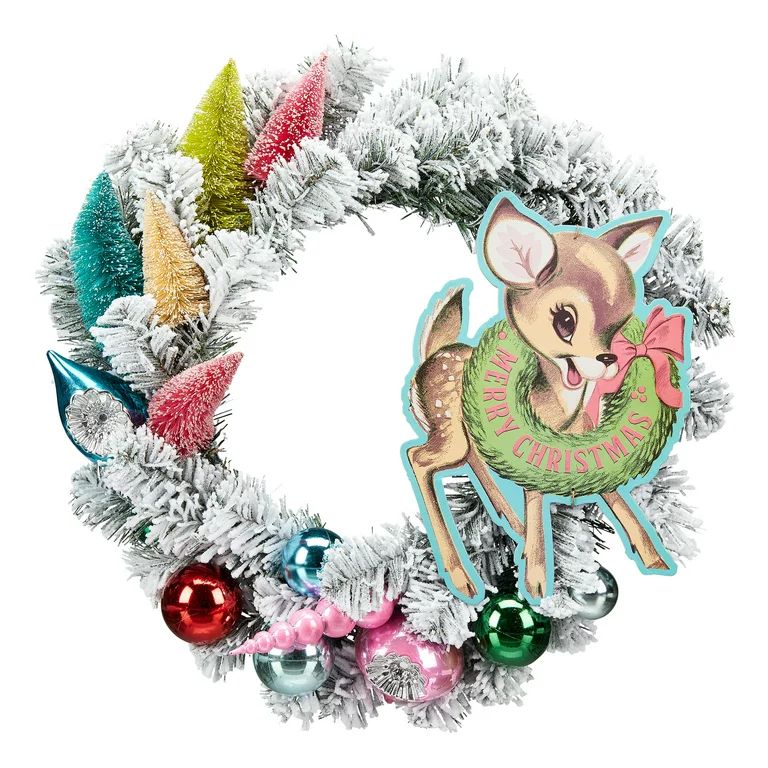 Holiday Time Nostalgic Merry Christmas Deer Flocked Wreath with Ornaments, 18" | Walmart (US)