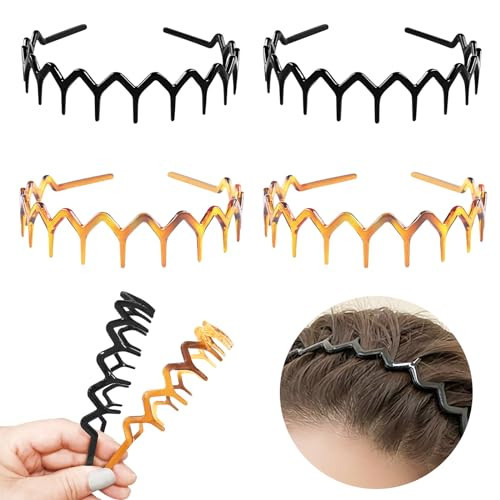 Zig Zag Headbands Classic 90s Plastic Headband with Teeth Wavy Comb Headbands for Women Men, Shark Tooth Headband & Hair Band (2 Black + 2 Brown, Pack of 4) | Amazon (US)