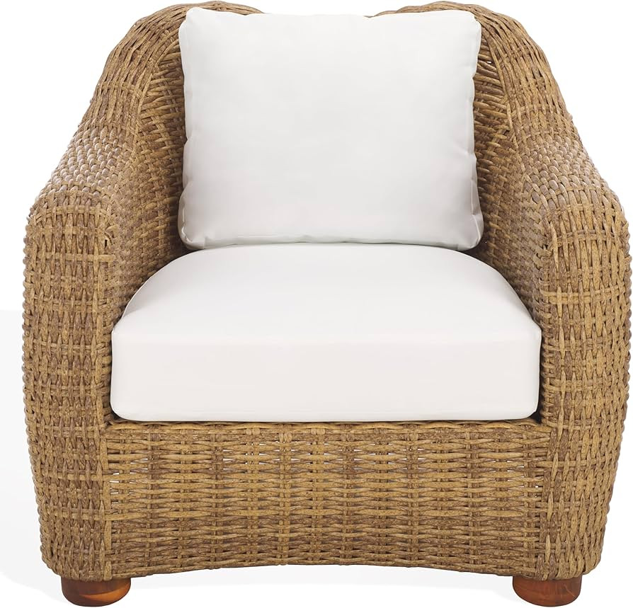 SAFAVIEH Couture Outdoor Collection Melbourne Natural/White Cushion Wicker Patio Accent Chair | Amazon (US)