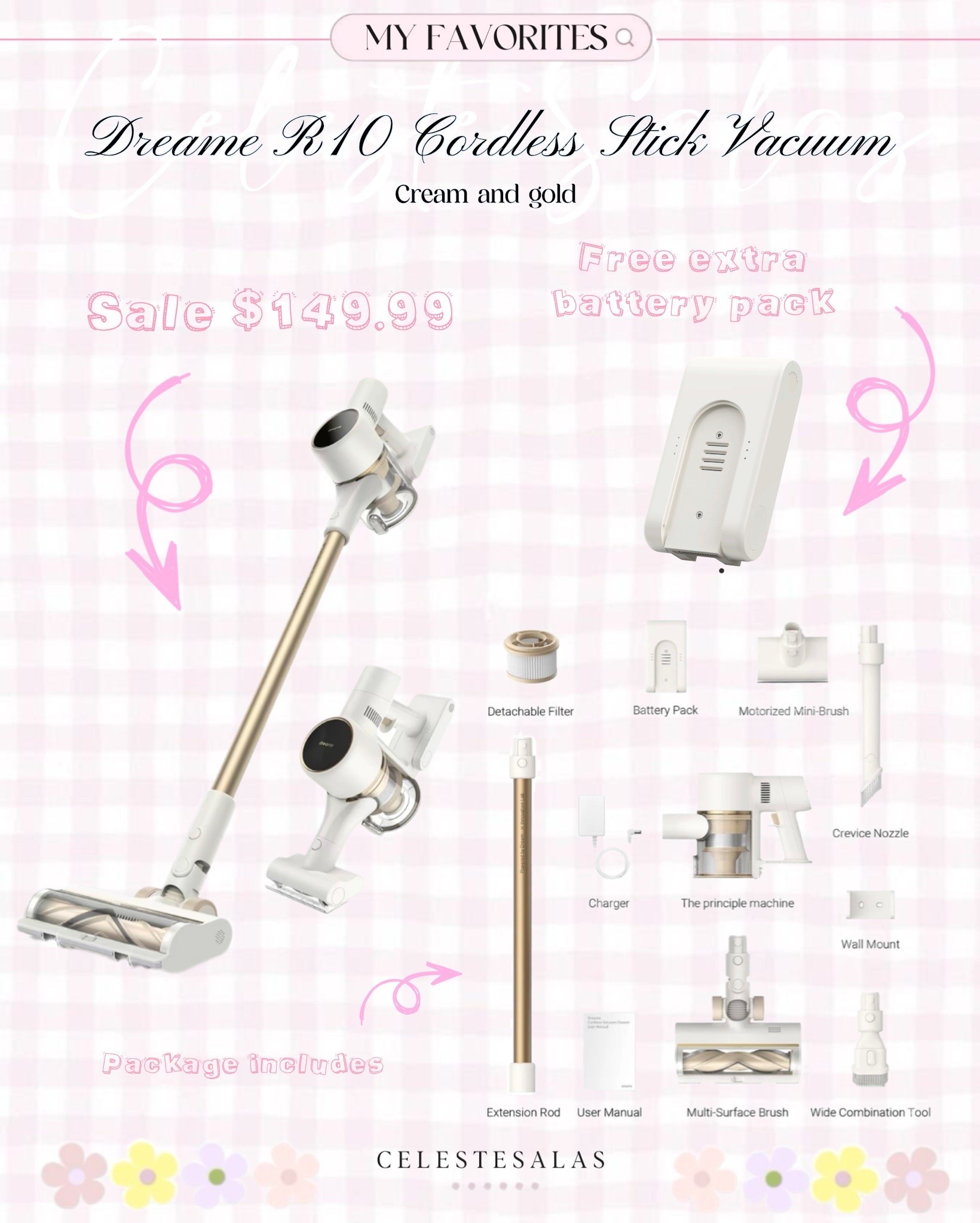 The prettiest vacuum is on a Labor Day sale for $149.99 and includes a free extra battery pack 🤩 I love the gold and cream color. It has anti-tangle tech and has 3 other attachments for upholstery & brushes for hard to reach surfaces. ✨

#LTKSaleAlert #LTKHome #LTKselfcare