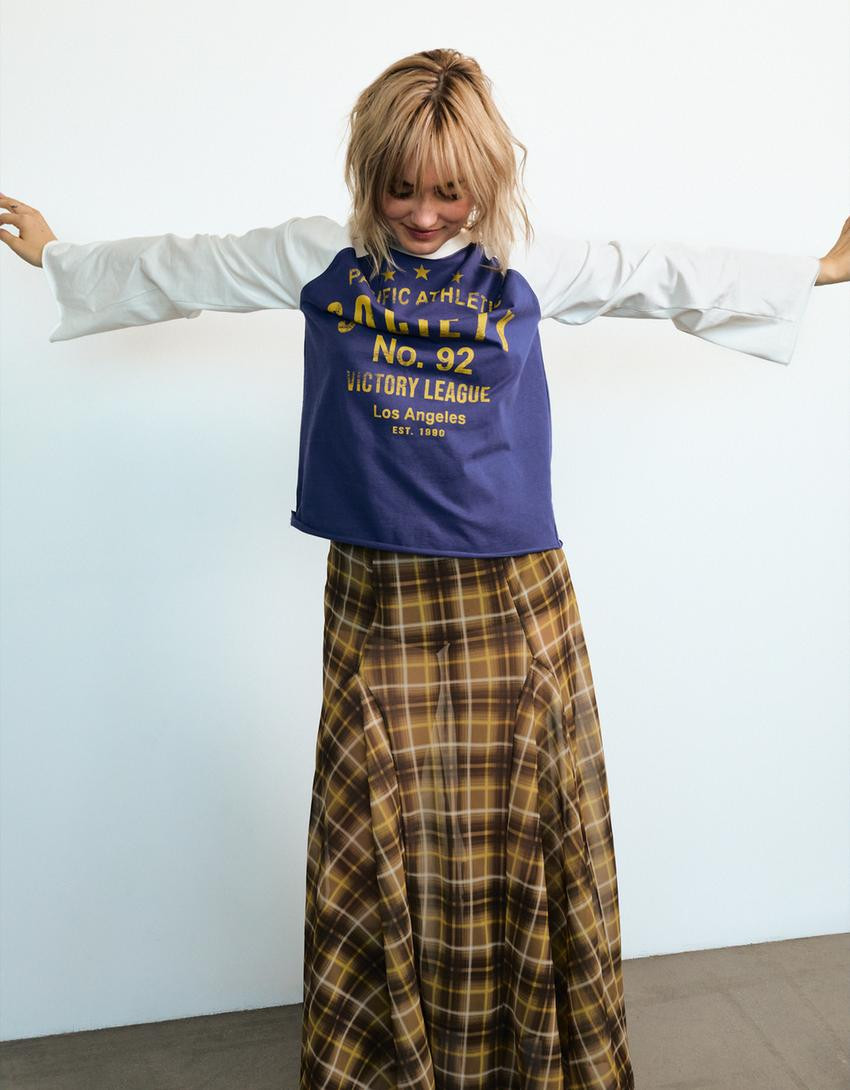 Flowy checked midi skirt | Bershka UK