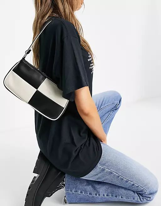 ASOS DESIGN slim 90s shoulder bag in black & off white patchwork | ASOS (Global)