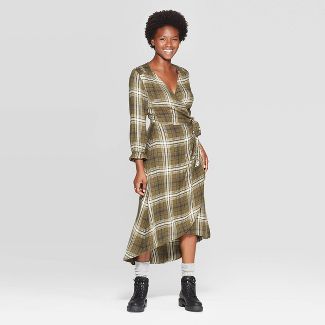 Women's Plaid Long Sleeve V-Neck Midi Wrap Dress - Universal Thread™ Green | Target