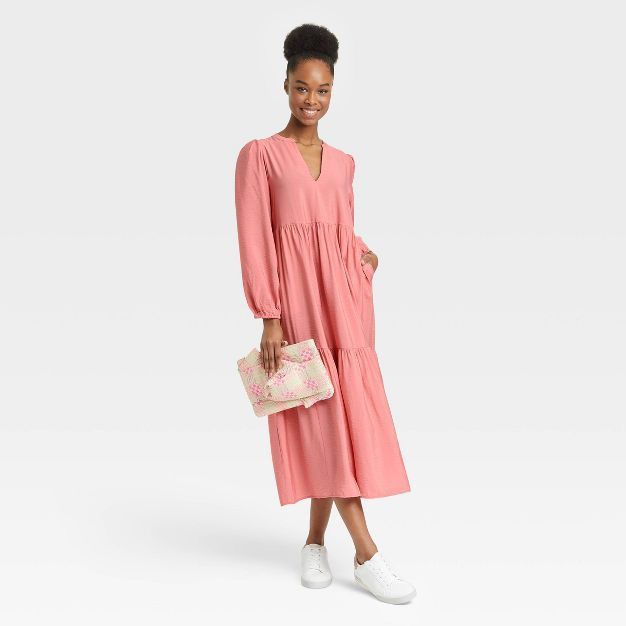 Women&#39;s Long Sleeve Tiered Dress - A New Day&#8482; Pink L | Target