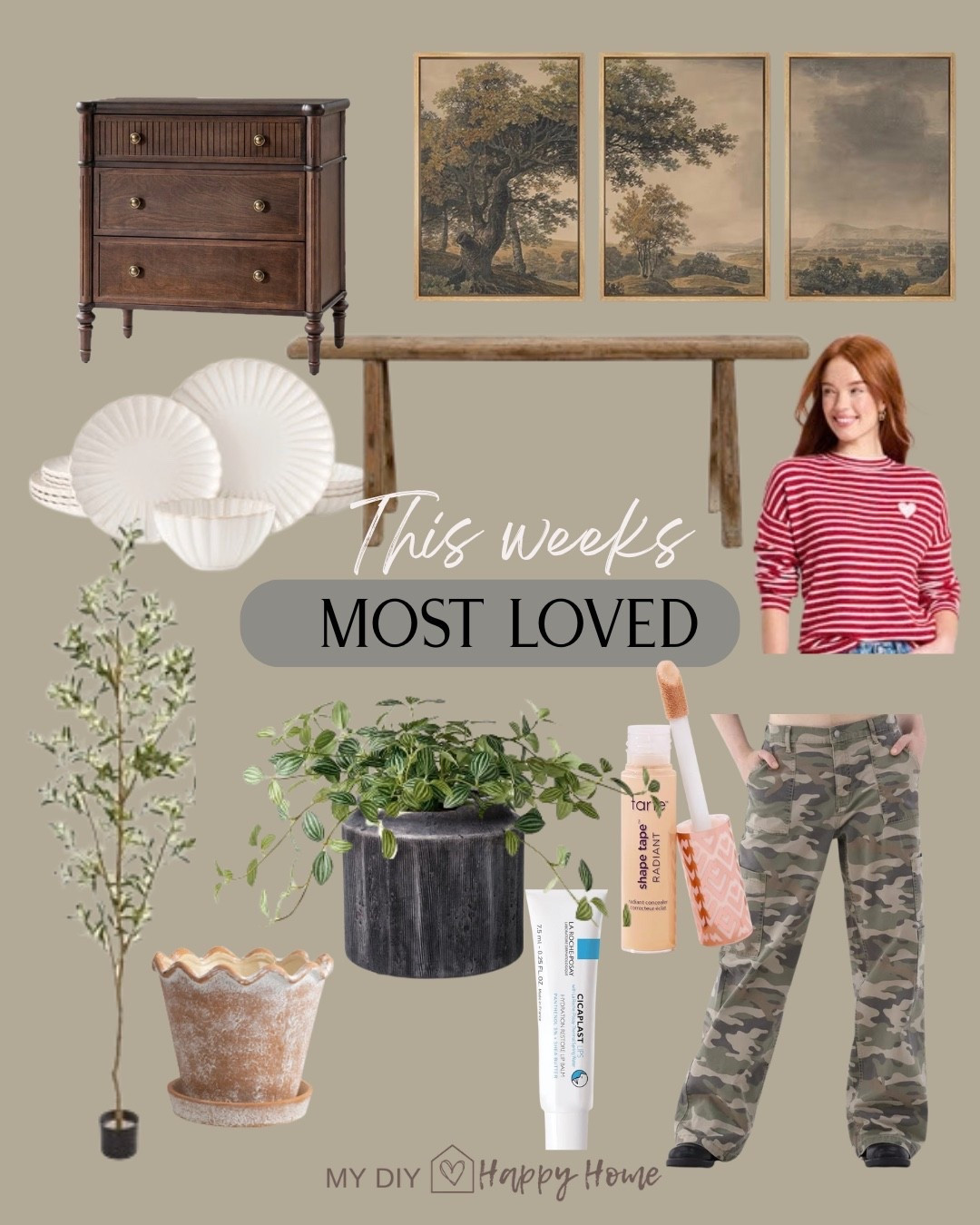 Most loved this week:

Vintage look framed art
Nightstand
Skinny vintage look bench
Scallop dinnerware
Valentine top
Camp wide leg cargo pants
Faux planter 
Planters 
Olive tree 
Healing lip treatment
Concealer   

#LTKSeasonal #LTKHome #LTKValentine