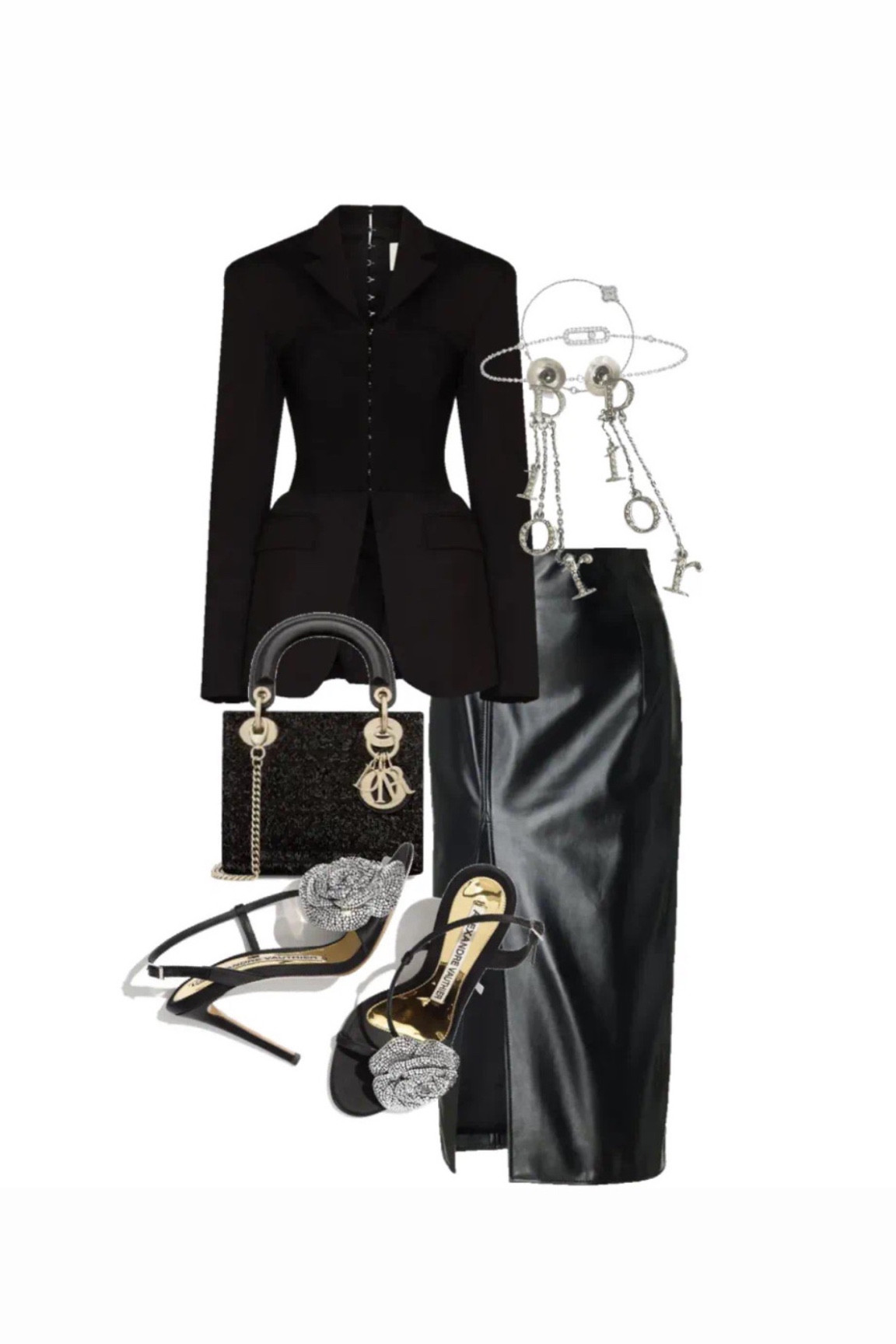 Extra look 
Night out look 
Rich girl 
Black lady Dior 
Black heels with silver roses 
Black leather midi skirt 
Silver Dior earrings 
Black synched blazer 

#LTKitbag #LTKSeasonal #LTKshoecrush
