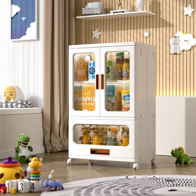 VECELO Stackable Storage Bins with Adjustable Shelves & Lockable Wheels, Storage Cabinet Home Organizer with Drawers & Doors, White | Target