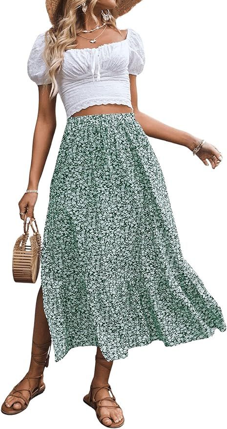 SweatyRocks Women's Casual High Waist Floral Print Skirt Split Thigh A Line Maxi Skirts | Amazon (US)