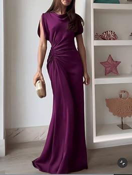 Womens O Neck Draped Short Sleeve Ruched Fitted Long Dress | Amazon (US)