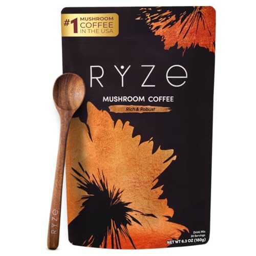 RYZE SUPERFOODS Mushroom Coffee Dark Roast, 6 Adaptogenic Mushrooms & Prebiotic Blend, Instant Coffee Supports Energy, Focus, Digestion & Immunity, Lions Mane & Turkey Tail, 30 Servings. | Amazon (US)