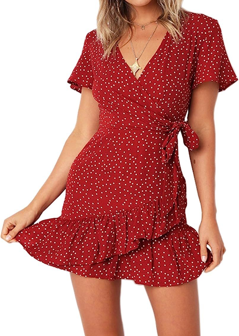 Summer Women Short Sleeve Print Dress V Neck Casual Short Dresses | Amazon (US)