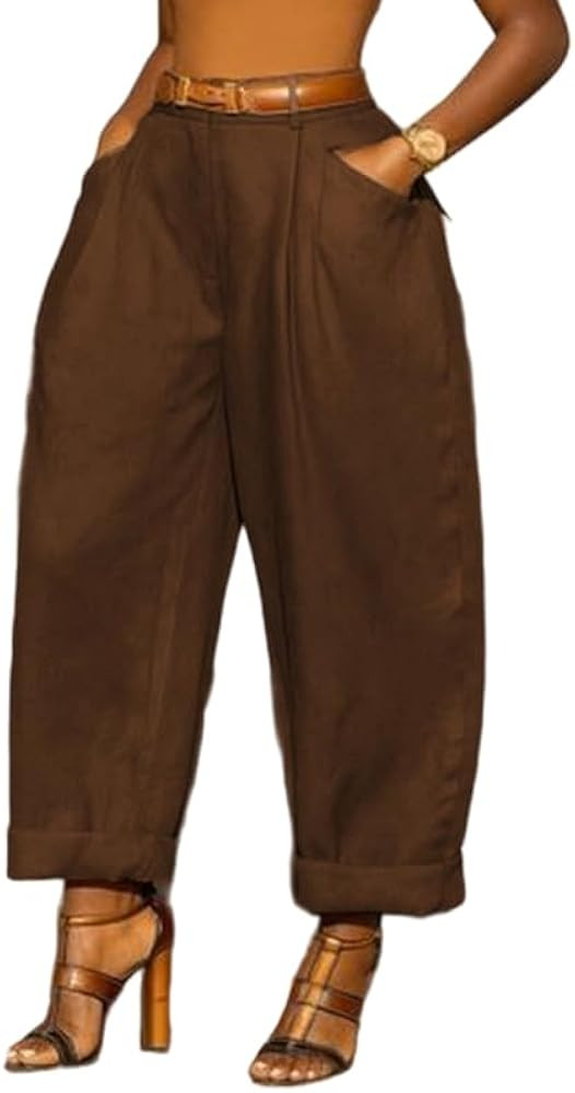 Women's High Waisted Wide Leg Pants Cotton Loose Vintage Elastic Waist Pleated Cuffed Pant Baggy ... | Amazon (US)