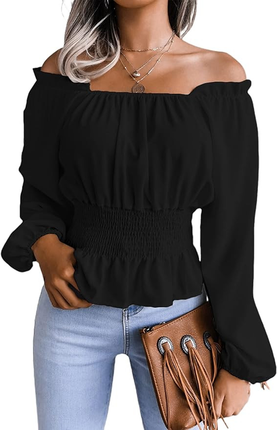 SOFIA'S CHOICE Women's Off The Shoulder Ruffle Peplum Long Sleeve Shirred Blouse Shirt | Amazon (US)