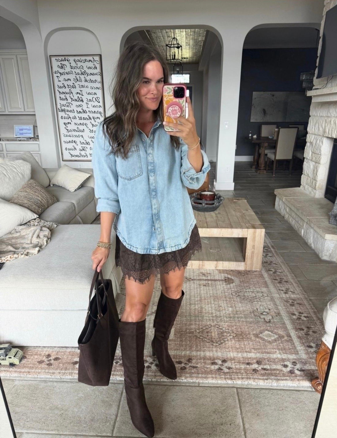 Denim, lace, and chocolate brown boots might be my favorite fall combo yet. The textures together are SO good.

denim shirt, lace shorts, chocolate brown boots, fall outfit, knee high boots, denim outfit, warm fall outfit, brown tote bag, fall fashion, transitional fall style, fall outfit idea, JulieFranks