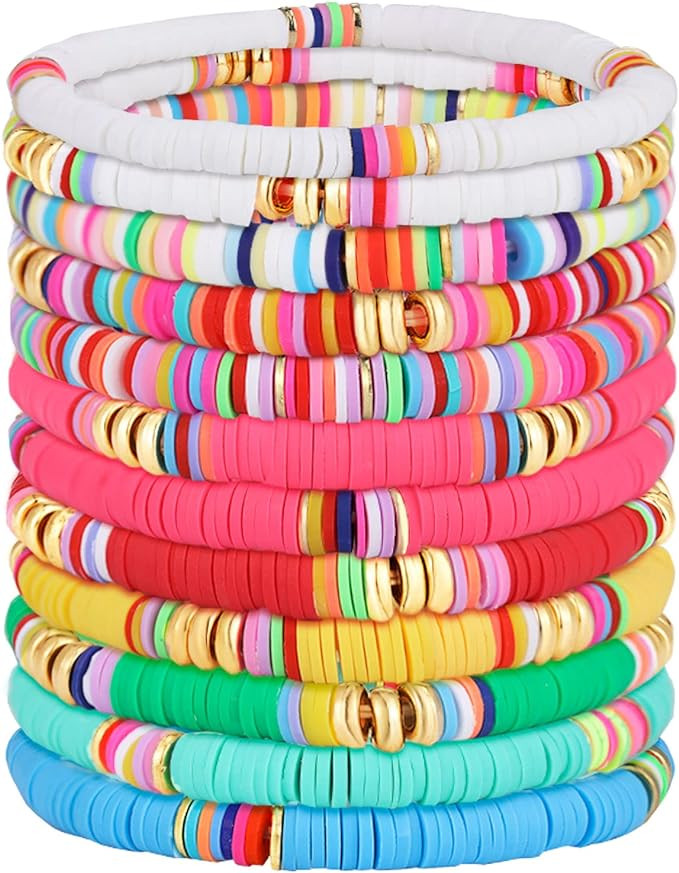 Junkin 12 Pieces Preppy Bracelets Surfer Heishi Bracelets Stackable Colorful Beaded Stretch Brace... | Amazon (US)