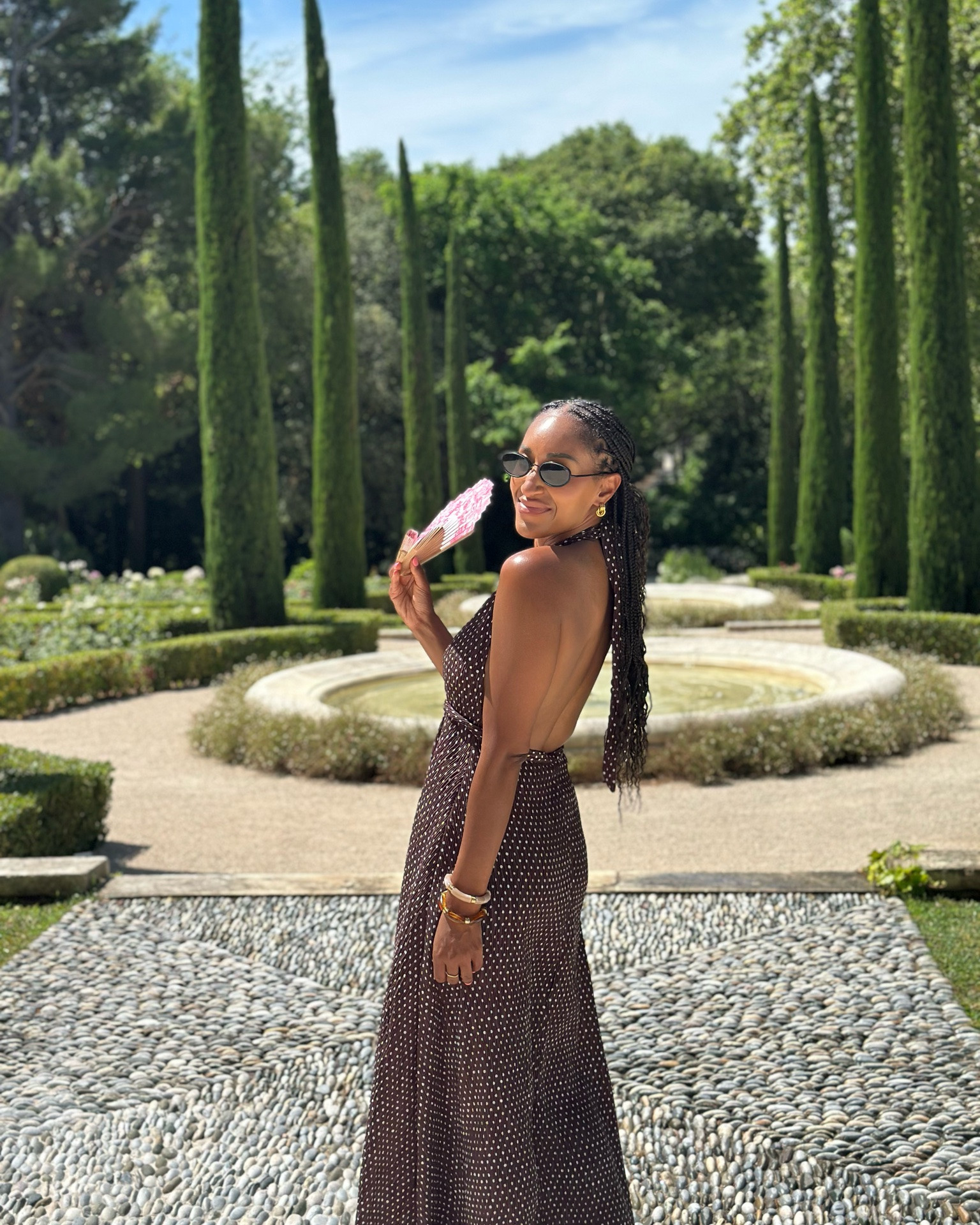 $110 beautiful maxi dress, I sized up a bit this is a medium. Fit perfectly!! Comfy small heel sandal that’s perfect for summer and my favorite sunnies of this season from Amazon!