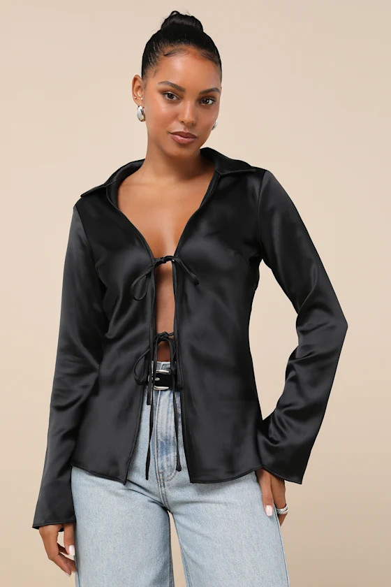 Coveted Aesthetic Black Tie-Front Long Sleeve Collared Top | Lulus