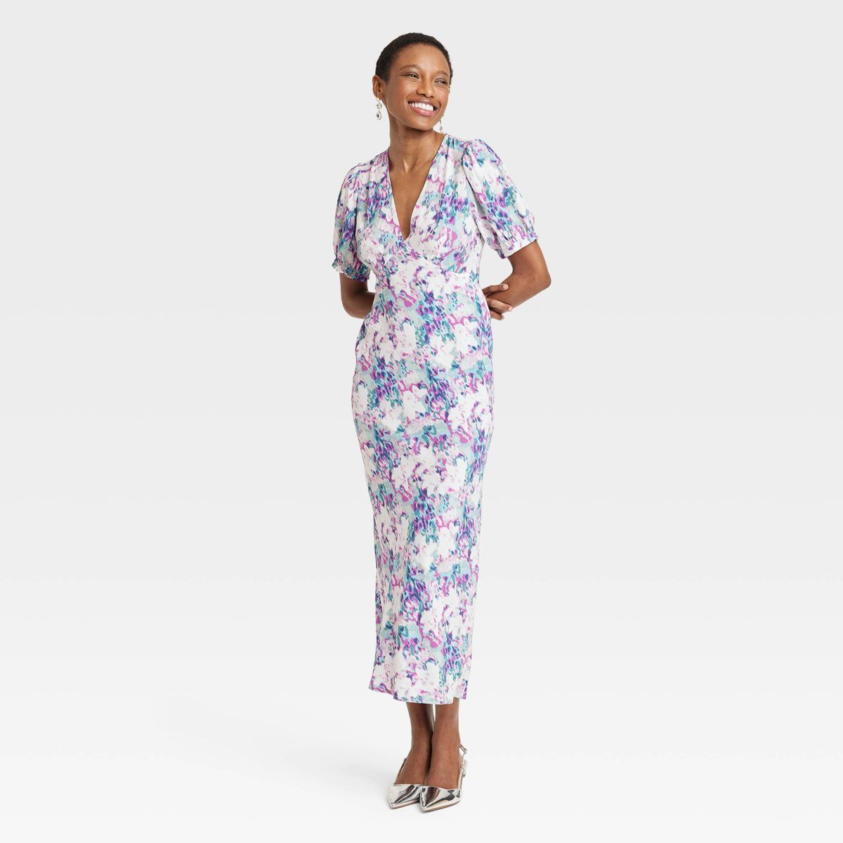 Women's Crepe Puff Short Sleeve Midi Dress - A New Day™ Blue Floral S | Target