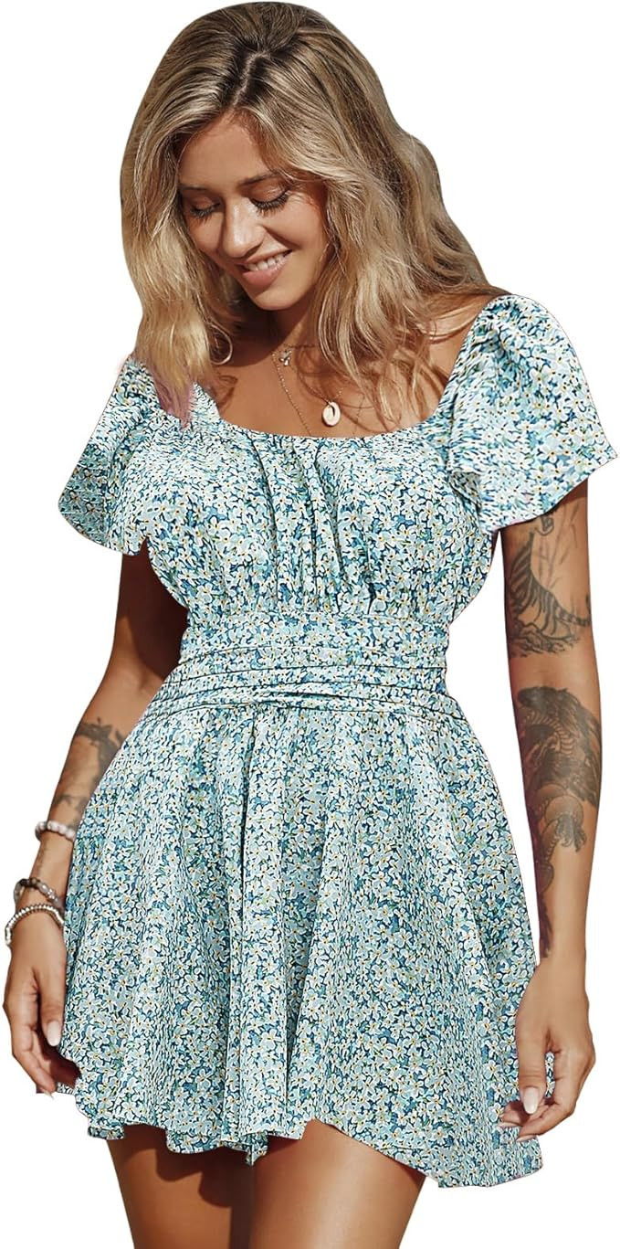 EXLURA Women's 2025 Summer Ruffle Short Sleeve Tie Back Romper Dress Square Neck A Line Cute Dres... | Amazon (US)