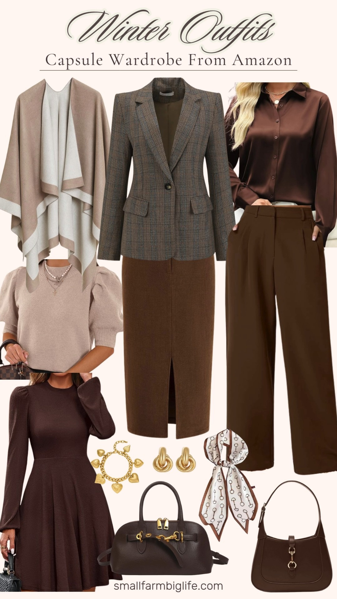 Winter capsule in warm browns 🤎 Think a tan + cream shawl, brown tweed blazer, silk tops, tailored pants, a long pencil skirt, and the coziest sweater dress all styled with brown bags, gold jewelry, and a silk scarf. Chic, neutral, and crazy easy to mix and match for everyday winter outfits. 

 #LTKOver40 #LTKFindsUnder50 #LTKWorkwear