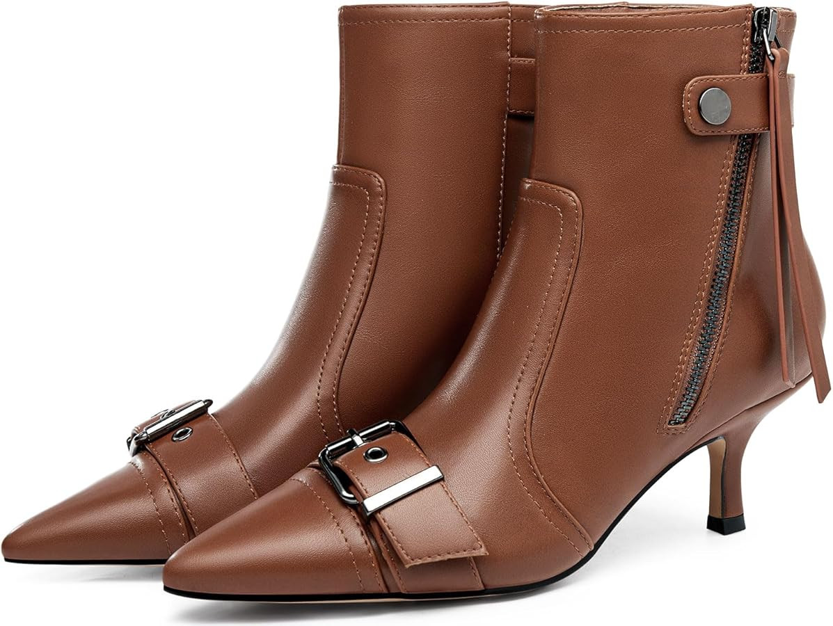 Coutgo Womens Kitten Heel Ankle Boots Pointed Toe Buckle Side Zipper Tassel Fall Winter Booties S... | Amazon (US)