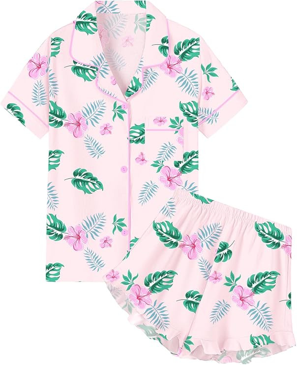 Girls & Women Pajama Sets 100% Cotton Sleepwear Button Down Short Sleeve With Ruffle Shorts PJS 5... | Amazon (US)
