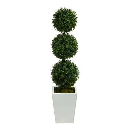 Nearly Natural 46" Boxwood Triple Ball Topiary Tree in White Metal Planter | Walmart (US)