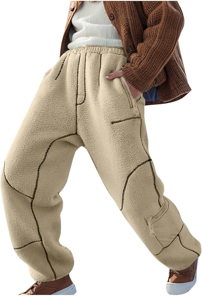 Womens 2024 Winter Fleece Sherpa Sweatpants Warm Fuzzy Snow Ski Pants Loose Activewear Sweatpant ... | Amazon (US)