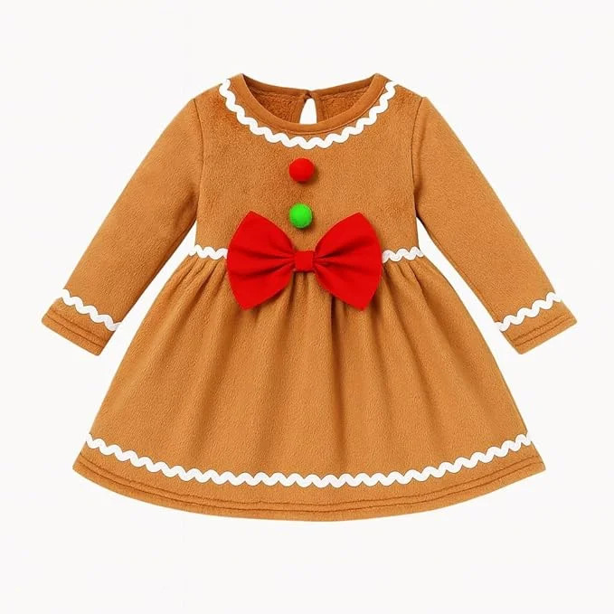stylesilove Baby Toddler Girl Gingerbread Fleece Long Sleeve Holiday Dress with Red Bow Pom Pom D... | Walmart (US)