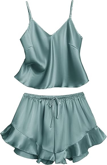 SOLY HUX Women's Sexy Silk Satin Ruffled Pajamas Sets Cami Shorts Sets Sleepwear | Amazon (US)