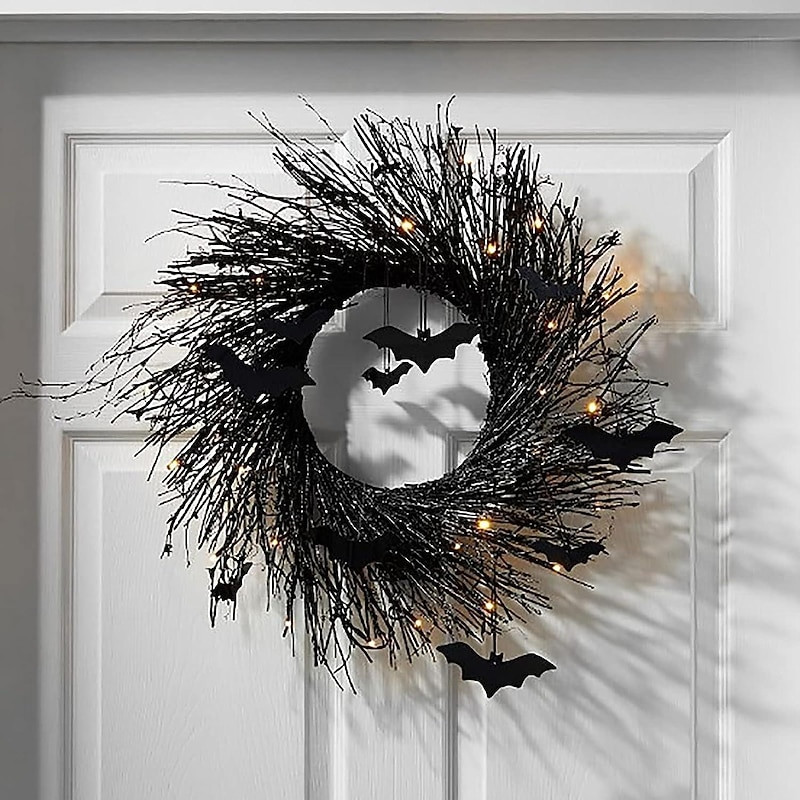 Halloween Wreath with Lights, Lighted Garland, Halloween Wreaths for Front Door,Black Bat for Front Door Outdoor Decorations Spooky Glitter Home Party | Lightinthebox