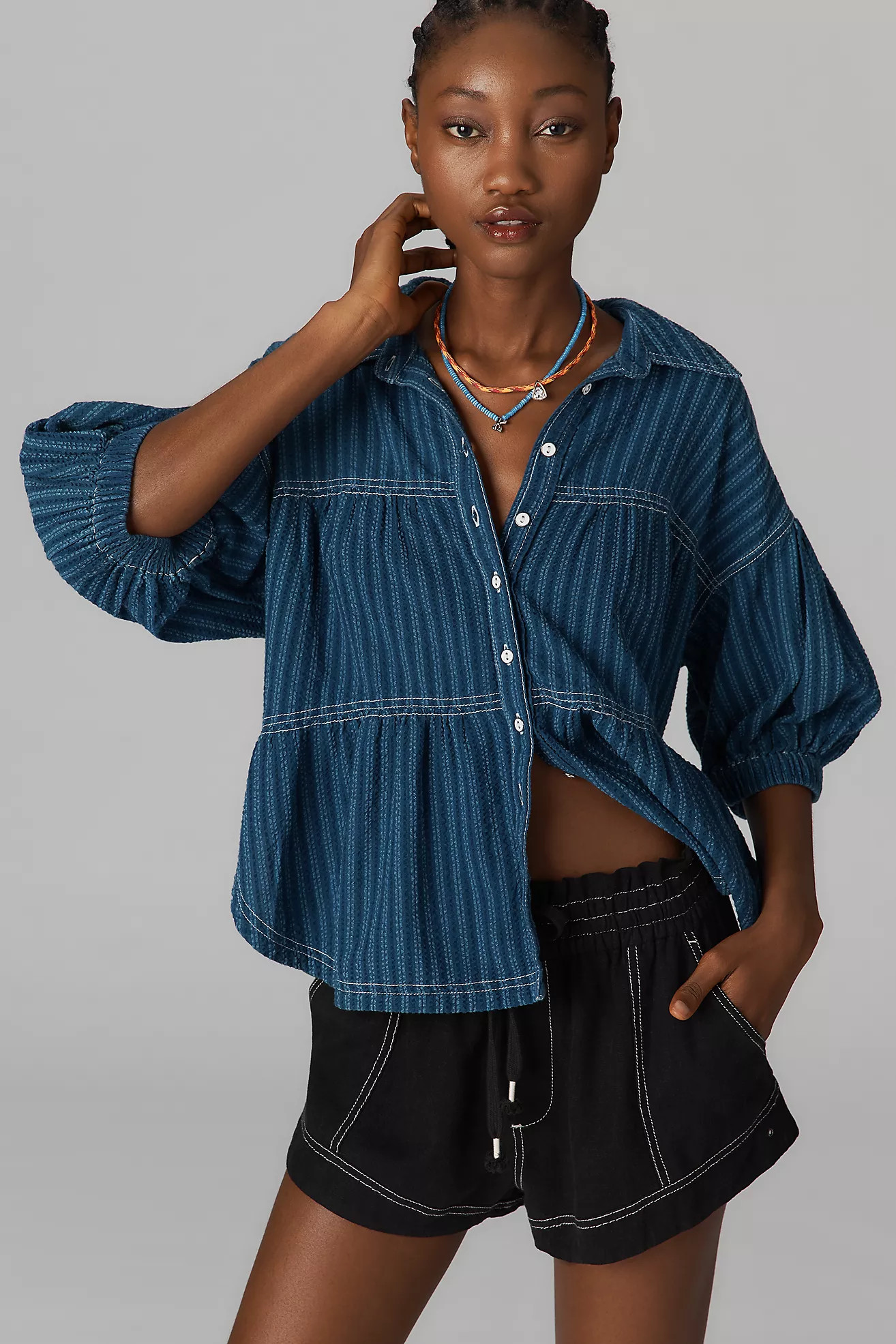 Pilcro Short-Sleeve Curved-Hem Cocoon Blouse | Anthropologie (US)