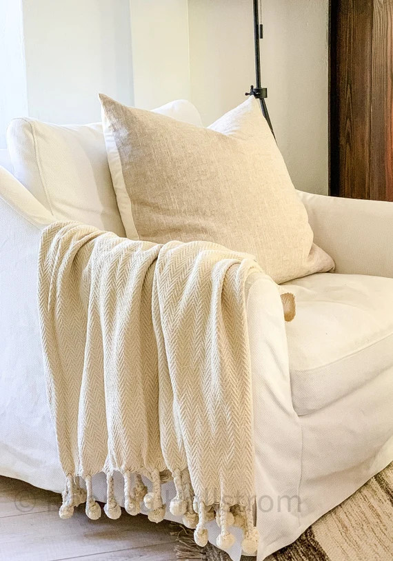 Cotton Pom Pom Blanket/Cotton Blanket/Throw Blanket/Cream Fringe Blanket/Cream Blanket/ | Etsy (US)