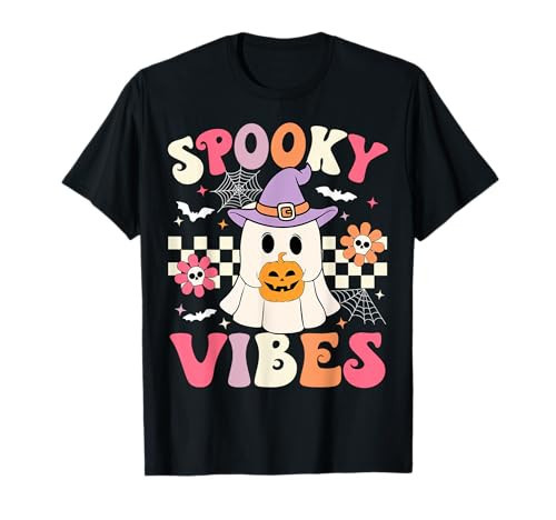 Groovy Spooky Vibes Retro Ghost Holding Pumpkin Halloween T-Shirt | Amazon (US)