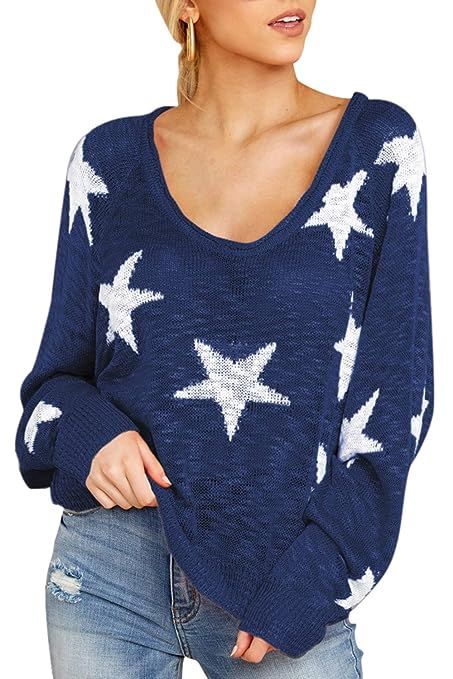 Pink Queen Womens Loose Long Batwing Sleeve V Neck Star Print Knitted Pullover Sweater | Amazon (US)