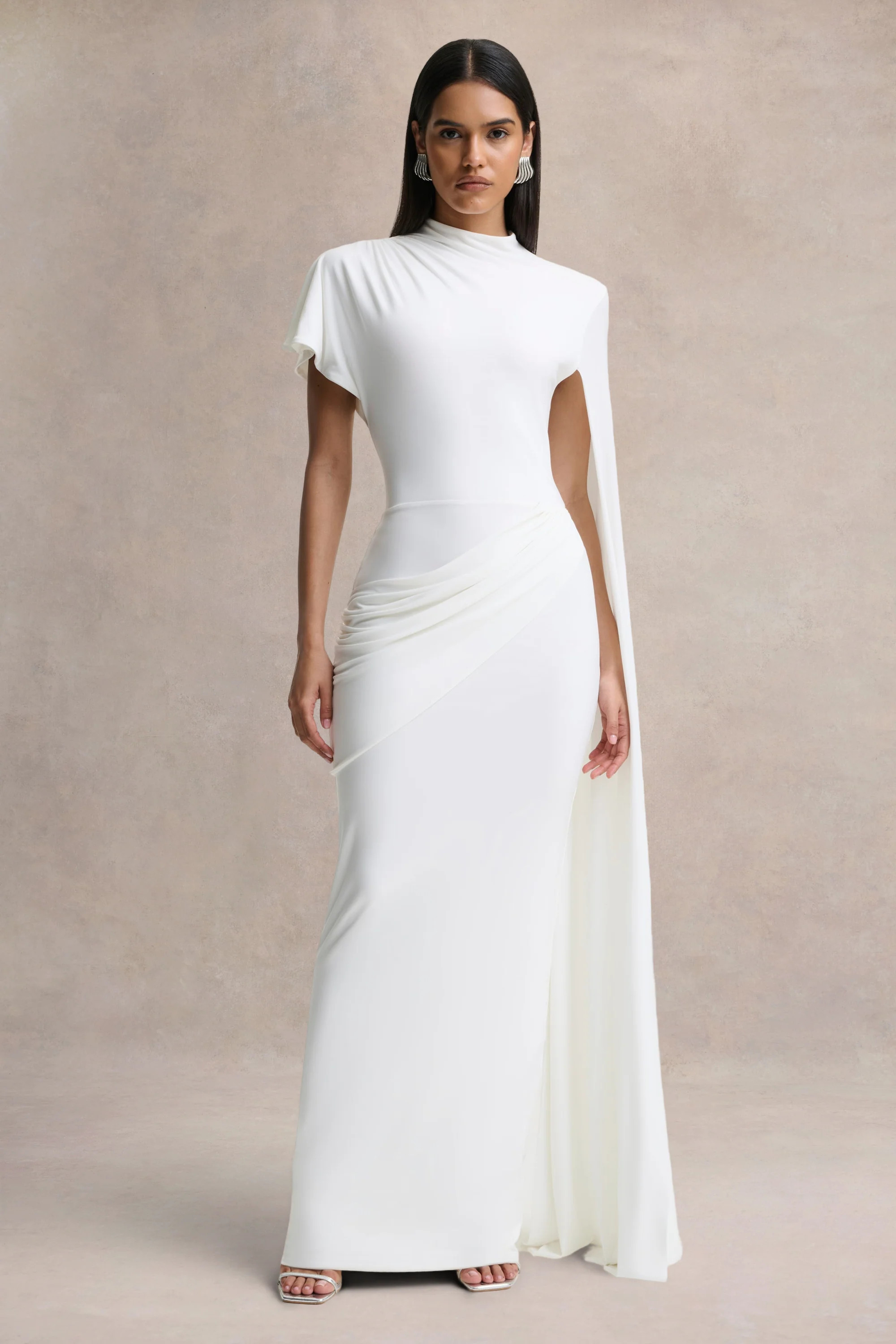 Tropic | White High-Neck Maxi With Long Cape Sleeve | Club L London