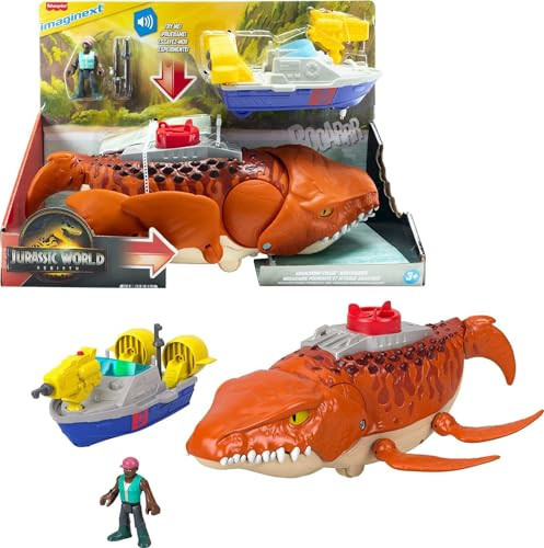 Fisher-Price Imaginext Jurassic World Rebirth Aquachomp Chase Mosasaurus 18-inch Dinosaur Toy with 3-inch Action Figure, Launcher Boat & 2 Projectiles | Amazon (US)