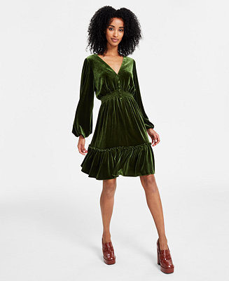 Taylor Women's V-Neck Smocked-Waist Long-Sleeve Velvet Dress - Macy's | Macy's