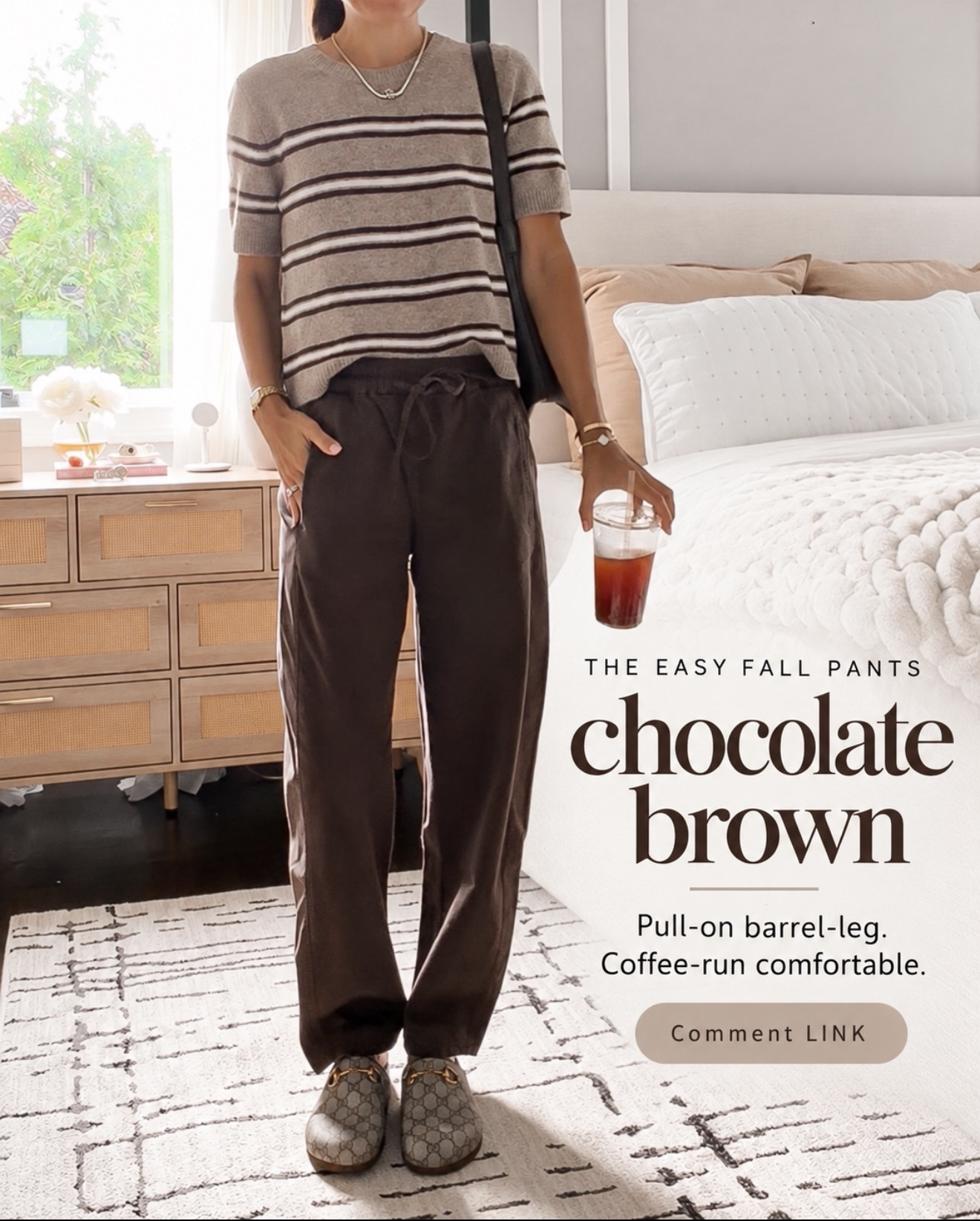 My kind of fall pants: pull-on, comfortable, and in the prettiest chocolate brown. These barrel-leg pants are perfect for coffee runs, errands, and all the busy-day stuff. 
💬Comment LINK and I’ll send you the link!