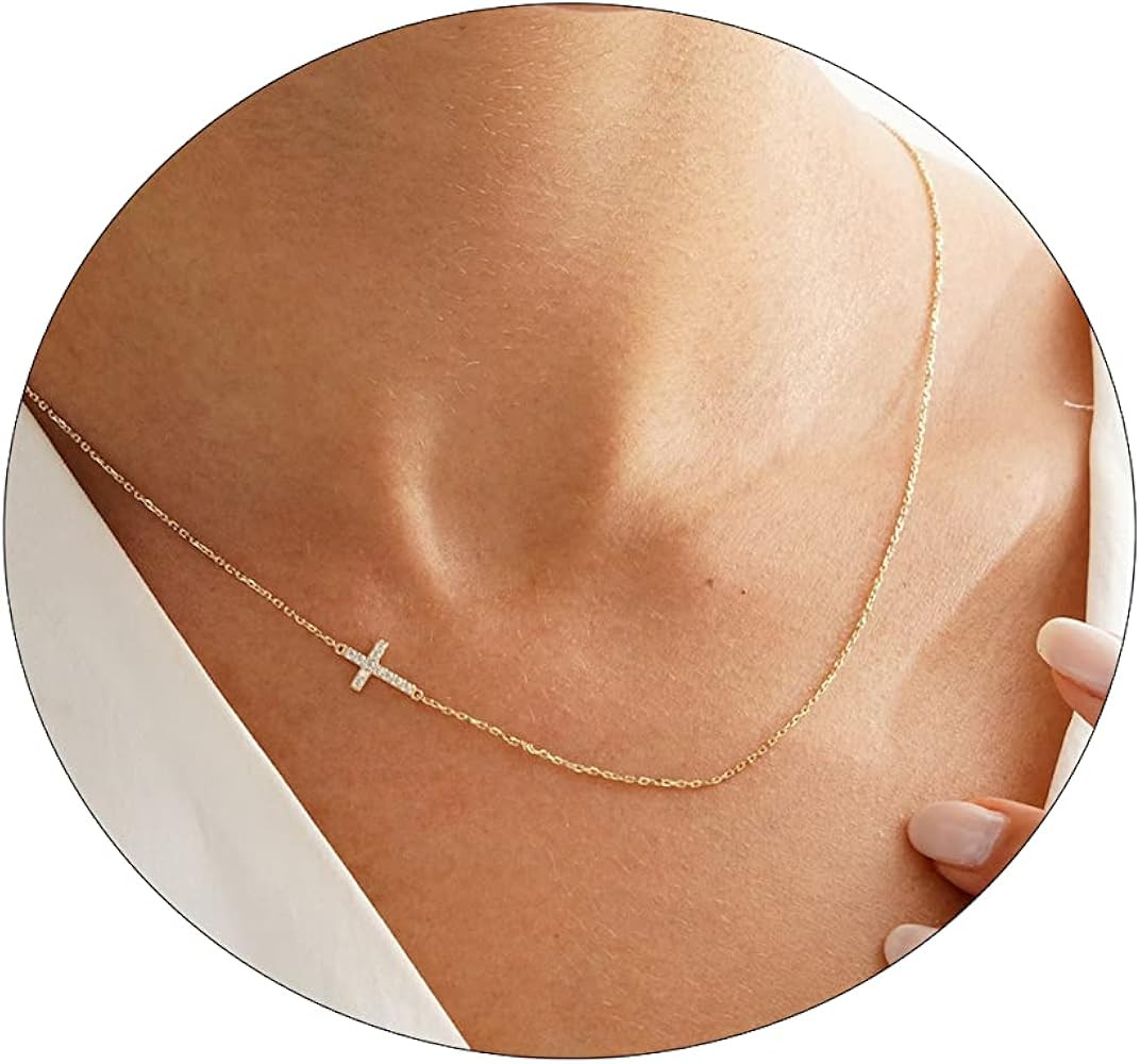 VIROMY Gold Cross Necklace for Women 14K Gold Plated Cute Sidways Cross Pendant Choker Necklaces ... | Amazon (US)