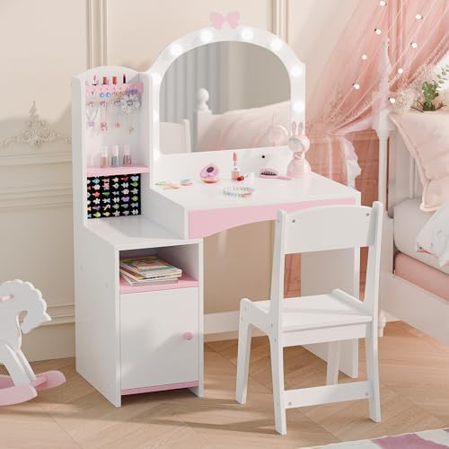 MU Kids Vanity, Girl Vanity Set with Mirror and Chair, 2 in 1 Toddler Makeup Vanity Table with Jewelry Storage, Wooden Princess Makeup Desk Dressing Table for Little Girls, White | Amazon (US)