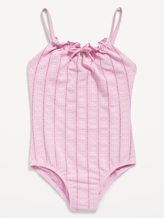 Textured-Eyelet Cinch-Tie One-Piece Swimsuit for Girls | Old Navy (US)
