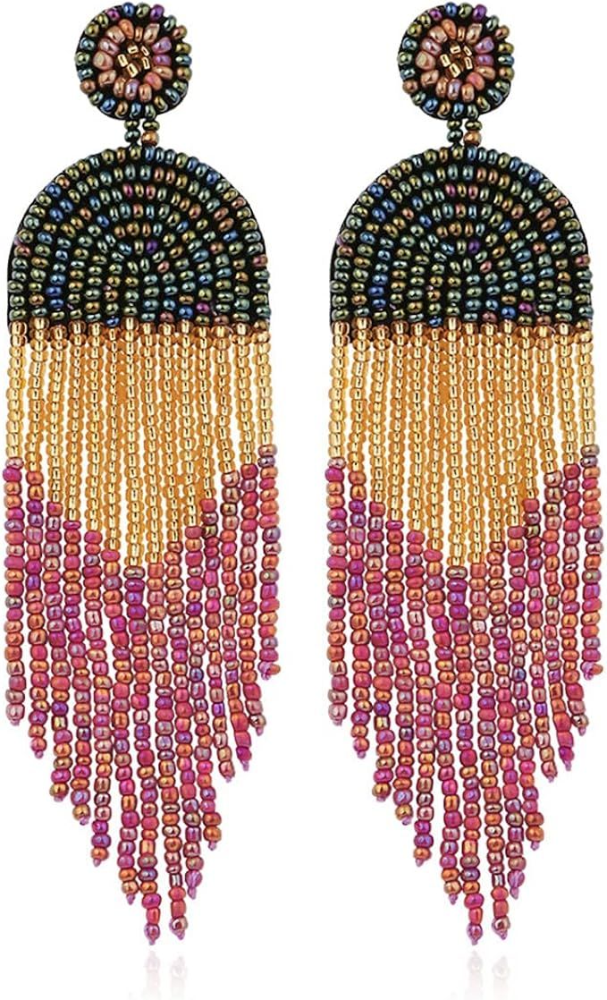 Tangduner Native Beaded Earrings for Women Colorful Beaded Dangle Earrings Boho Rattan Tassel Ear... | Amazon (US)