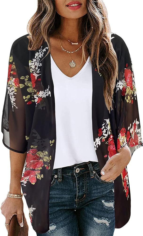 Women's Floral Print Puff Sleeve Kimono Cardigan Loose Cover Up Casual Blouse Tops | Amazon (US)