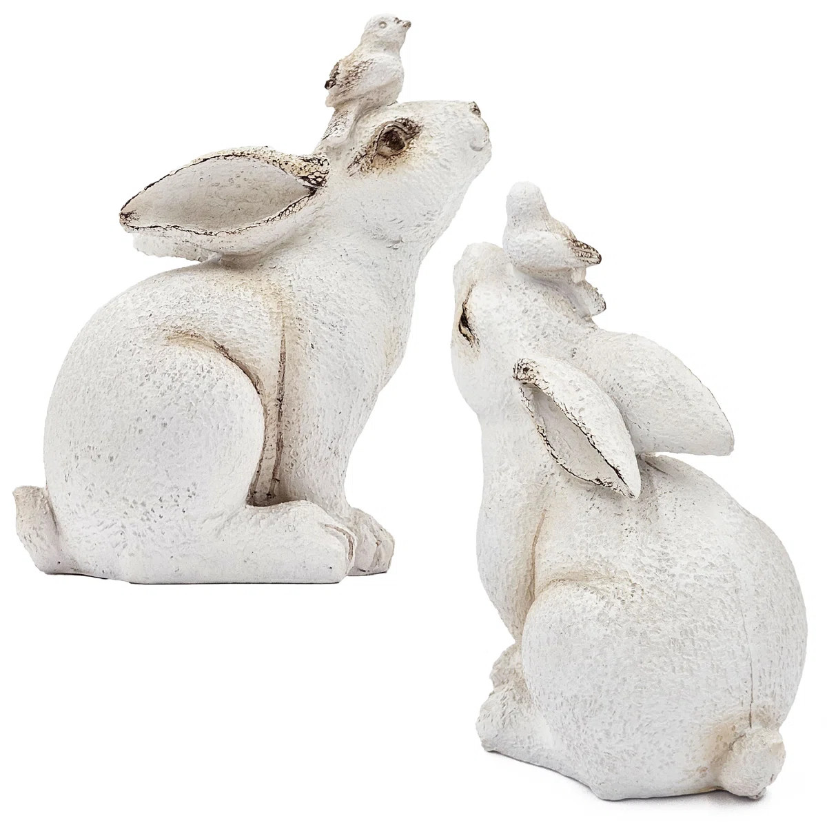 Resin Sitting Bunny With Bird On Head  Set of 2  5.7" x 3.5" x 6.5"H  White (Set of 2) | Wayfair North America
